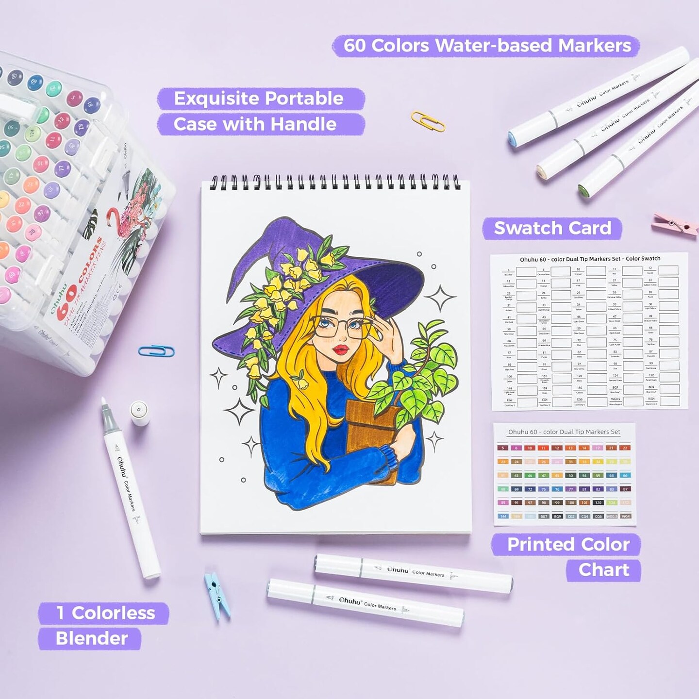 Ohuhu Water Based Markers for Adult Coloring Books - 60 Colors No Bleeding Water-based Coloring Markers - Drawing Pens Art Markers for Kids Adults Beginners Lettering Journaling - Dual Tips Brush & Chisel/ Brush & Fine