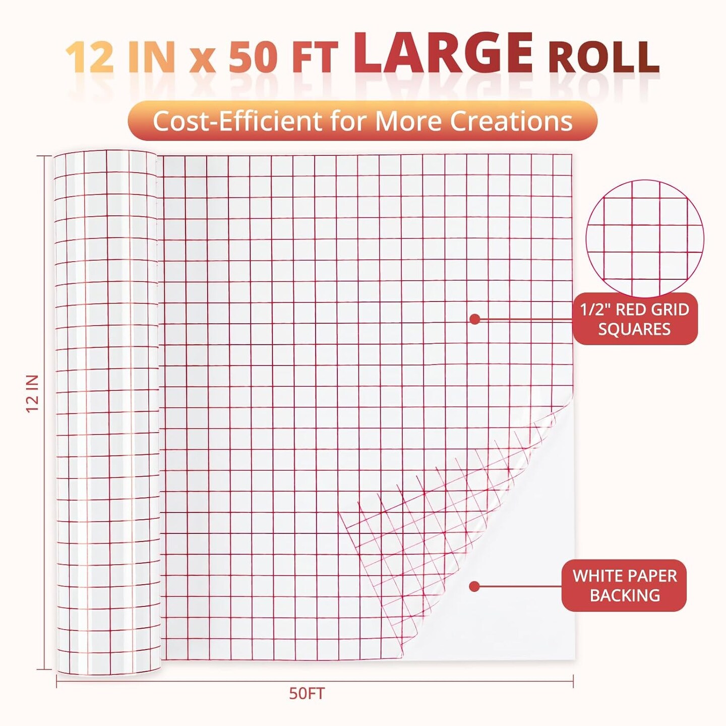 12 x 50 FT w/Alignment Grid Application Tape,Clear Vinyl Transfer Paper Tape Roll