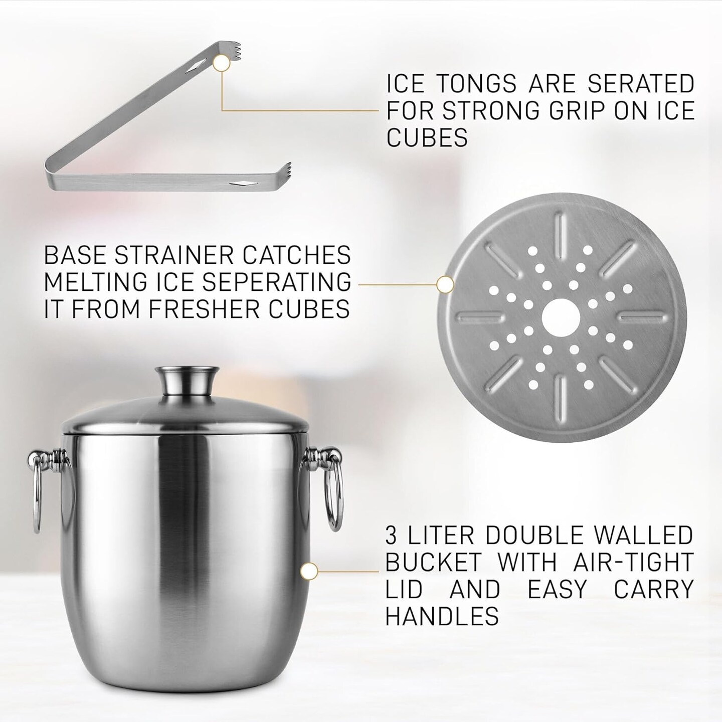 Kitchen Premium Stainless Steel Double-Wall Insulated Ice Bucket Kit (Silver) 8.7"L x 8.7"W x 9"H