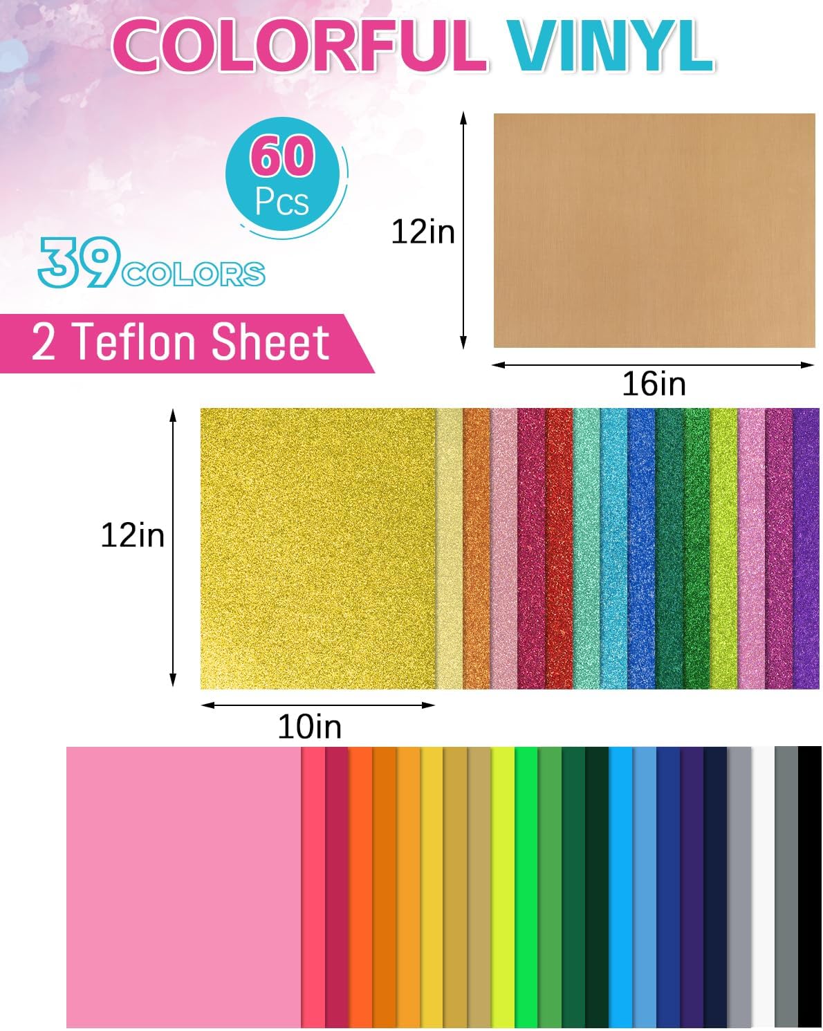 l 62 Pcs 12in x 10in Htv Vinyl Bulk (39 Colors), Including 60 Matte with 2 Teflon Sheets for T-Shirt