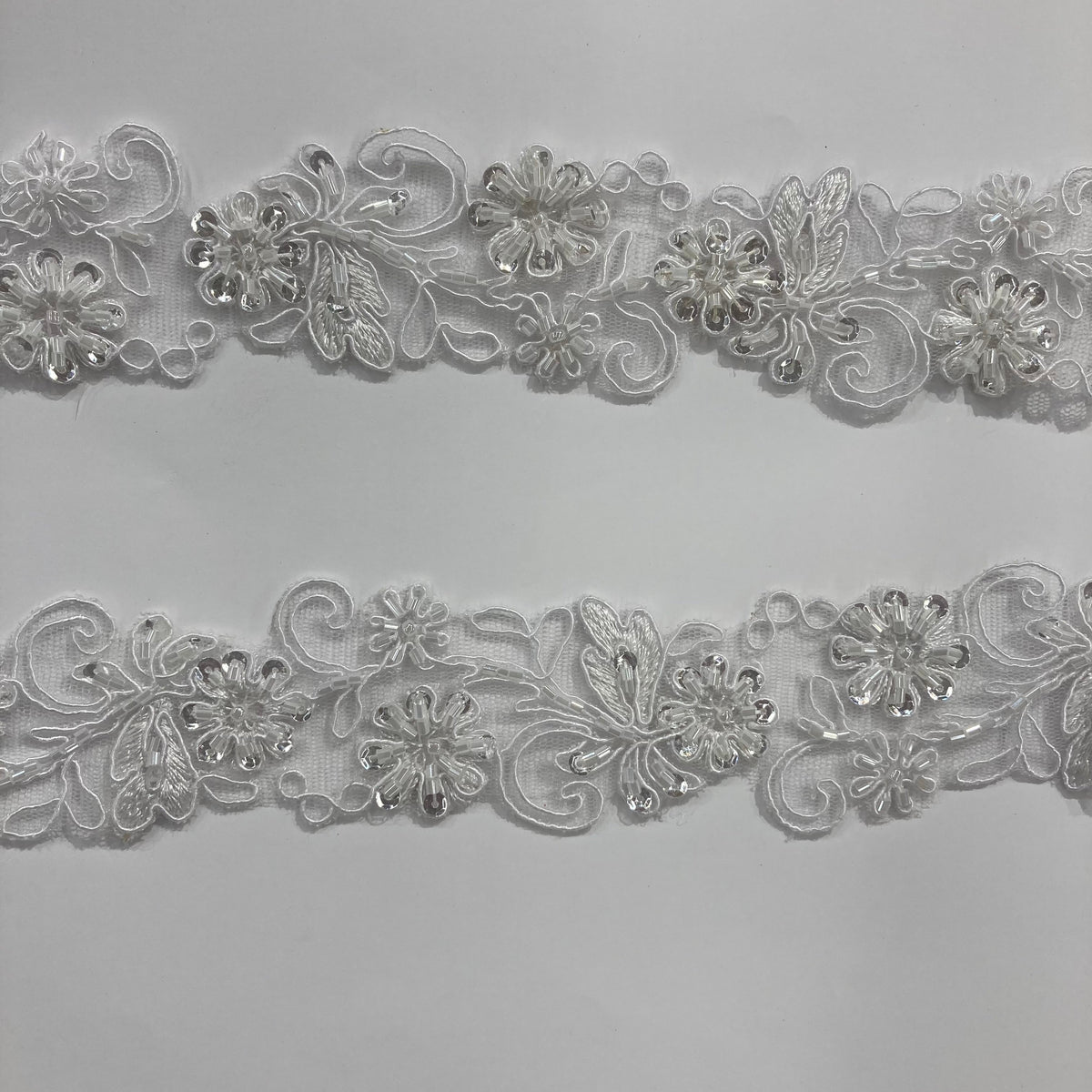 1 Yard Beaded &#x26; Corded Lace Trimming on 100% Polyester Net Mesh, Elegant Embroidered Lace Fabric