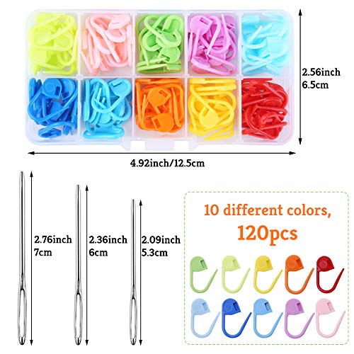 120 Pieces Knitting Crochet Stitch Markers, Colorful Knitting Markers Crochet Clips with 9 Pieces Big Eye Sewing Needles (2inch&#xD7;3/2.3inch&#xD7;3/2.7inch&#xD7;3)