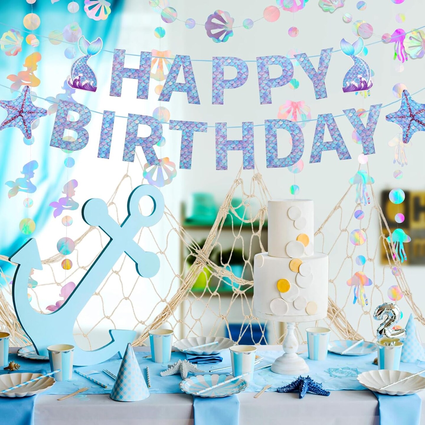 Natural Fish Net with Fringe Curtain and Bubble Garlands