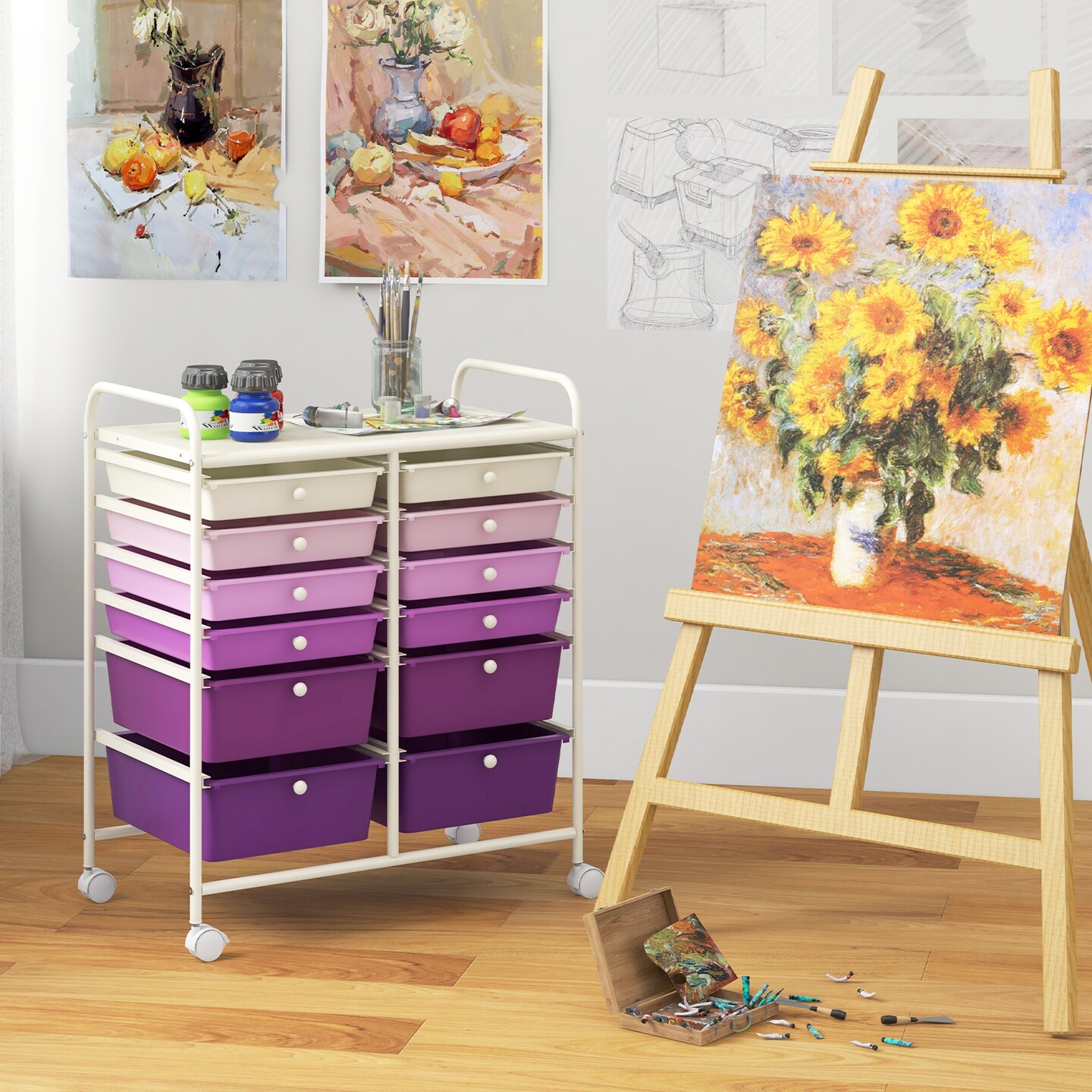 Space-Saving 12-Drawer Rolling Cart Sturdy Metal and PP Storage Trolley with Lockable Wheels for Office or Home