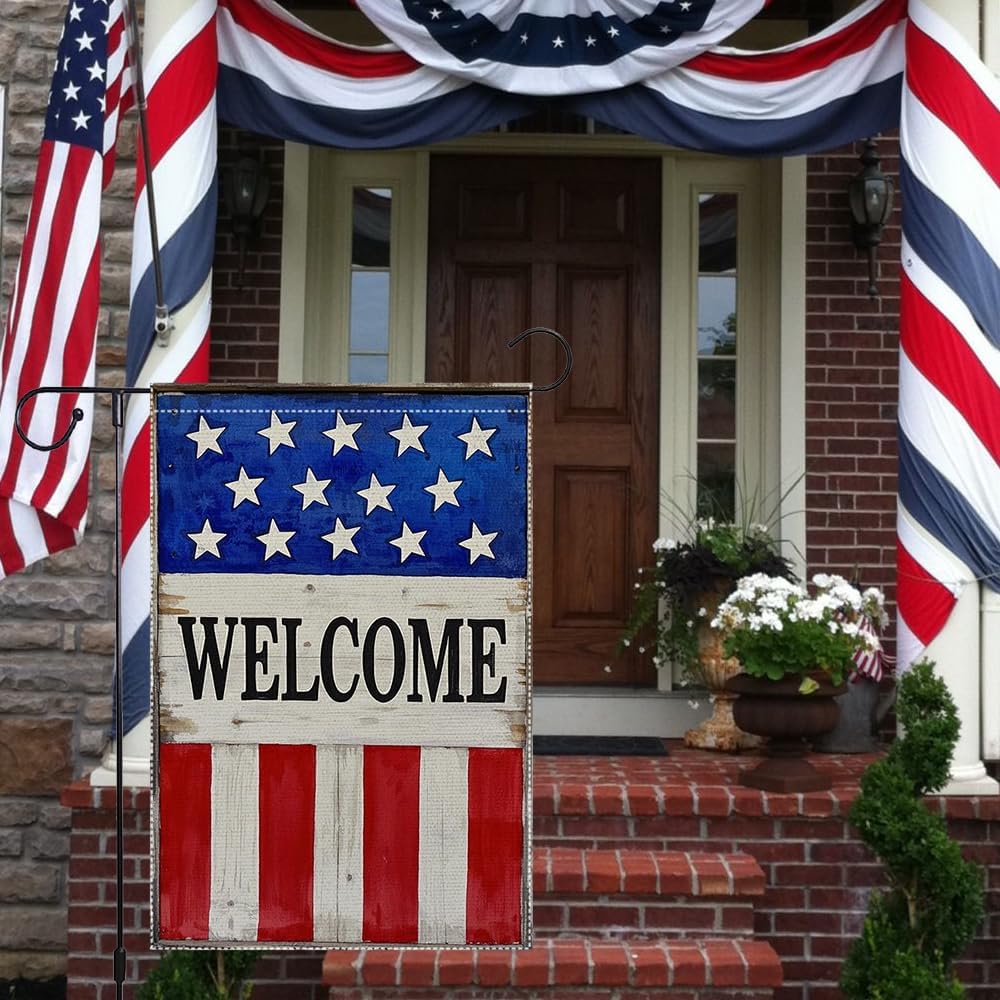 Patriotic American Garden Flag Welcome 4th Of July Garden Flags Decor Rustic Farmhouse Home Yard Lawn Double Sided Small Independence Day Decorations 12x18 Inch