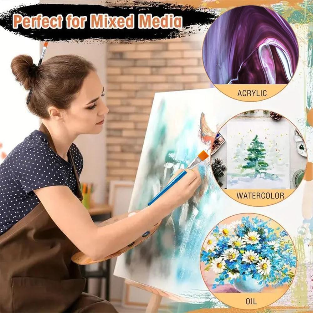 14 Pcs 1 Inch Flat Paint Brushes - Synthetic Nylon Hair Artist Brushes Bulk for Acrylic, Oil, Watercolor - Wooden Handle Professional Painting Brushes for Canvas, Detail Work, Base Coating &#x26; Crafts