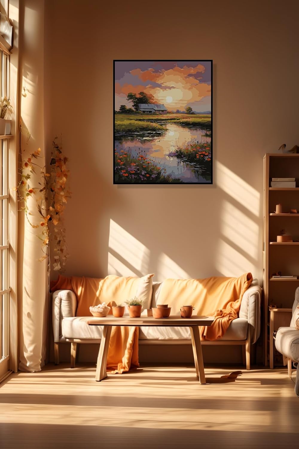 Paint by Numbers Kit for Adults Beginners, DIY Acrylic Painting on Canvas Home Decor Wall Art (River Under Sunset