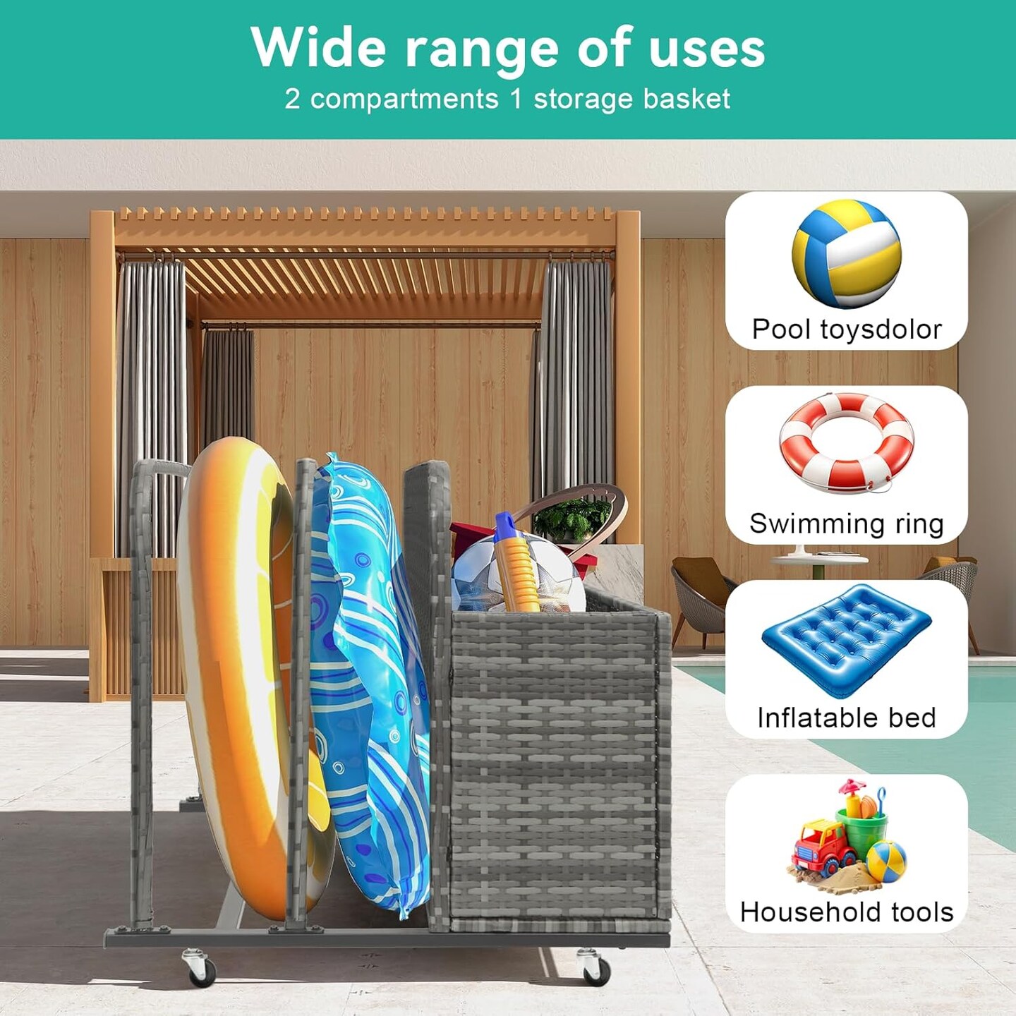 Pool Float Storage Box Outdoor Rolling Poolside Storage Basket Organizer for Patio PE Rattan Pool Caddy with Wheels for Cushions, Floaties, Noodles, Life Vests, Beach Balls, Toys