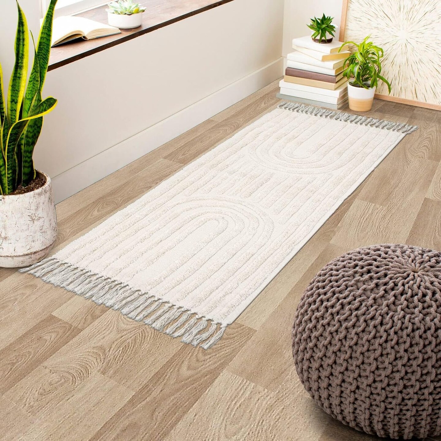 Boho Runner Rug Washable 2&#x27;x5&#x27; Woven Beige Cotton