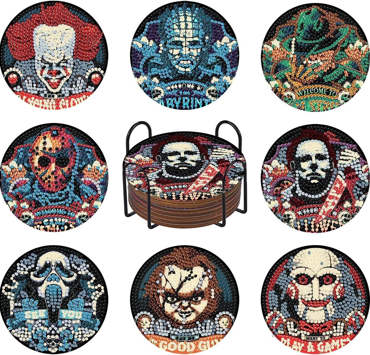 8 Pcs Halloween Diamond Art Coasters Kit for Adults - Round Full Drill Horror Diamond Painting Coasters Set with Holder