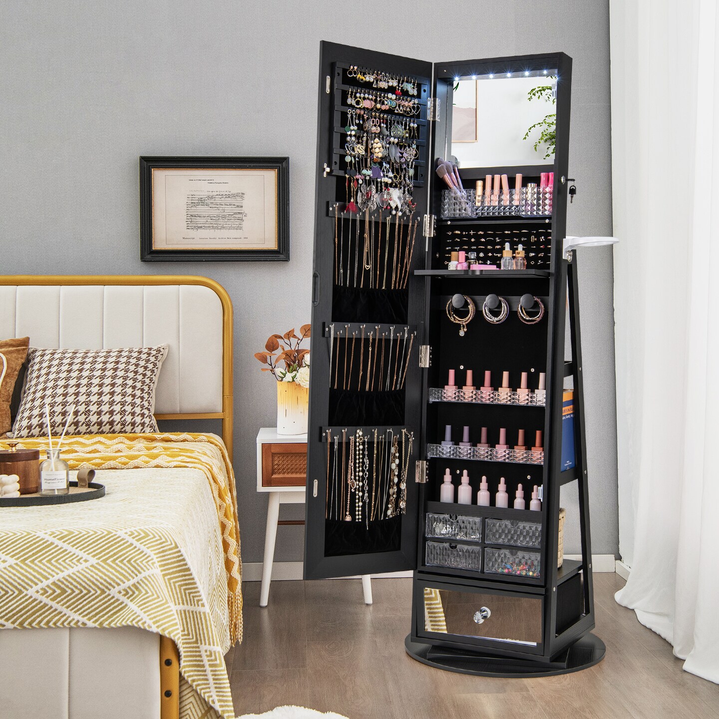 Jewelry Storage Cabinet with Full-Length Mirror and Lockable Door