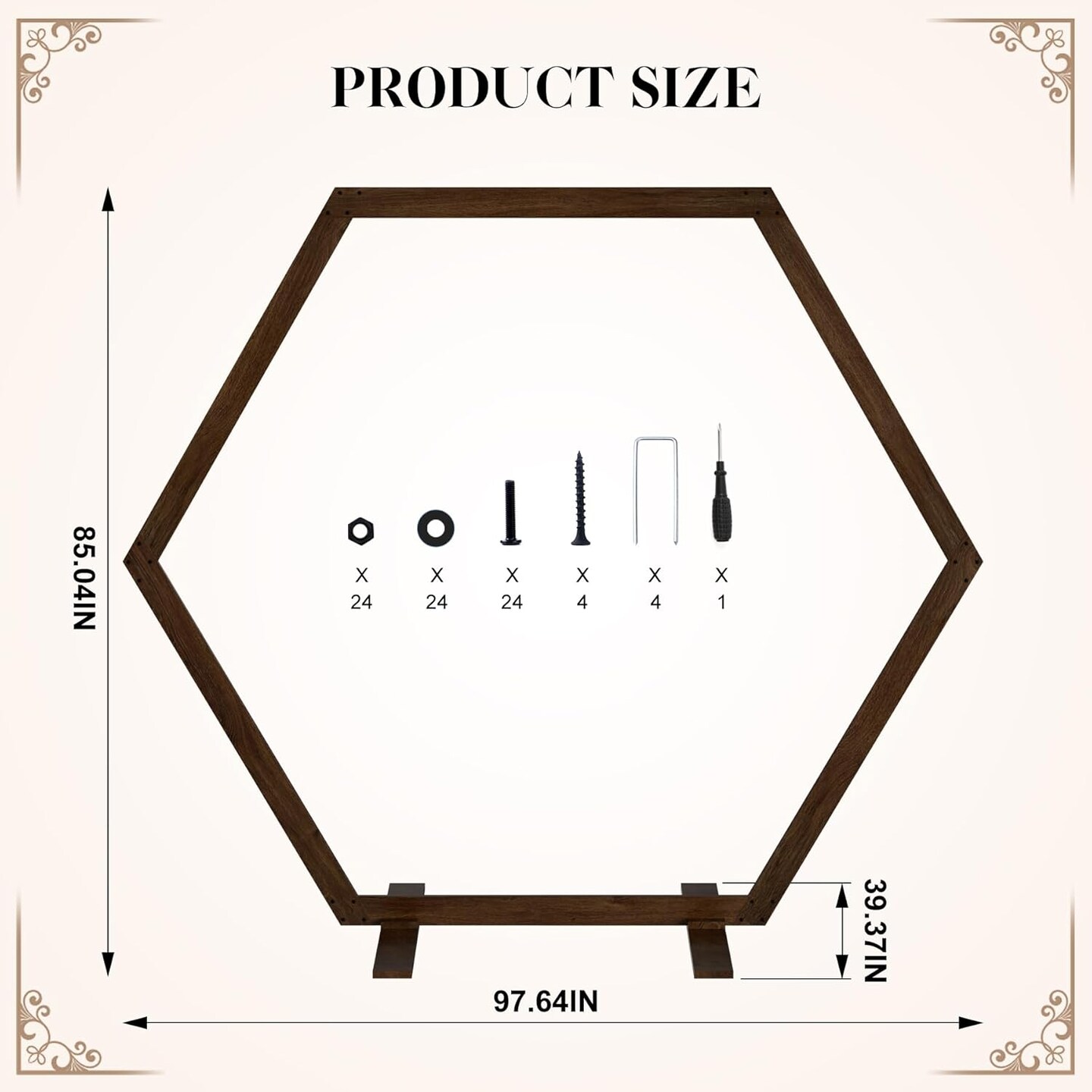 Heptagon Wooden Wedding Arch Backdrop – Dark Brown Ceremony Arbor for Weddings & Events