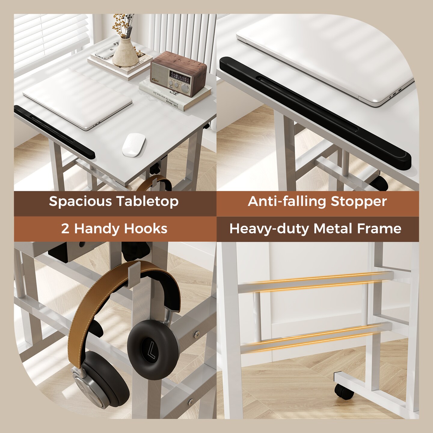 Rolling Mobile Desk Adjustable Height Table for Office and Home