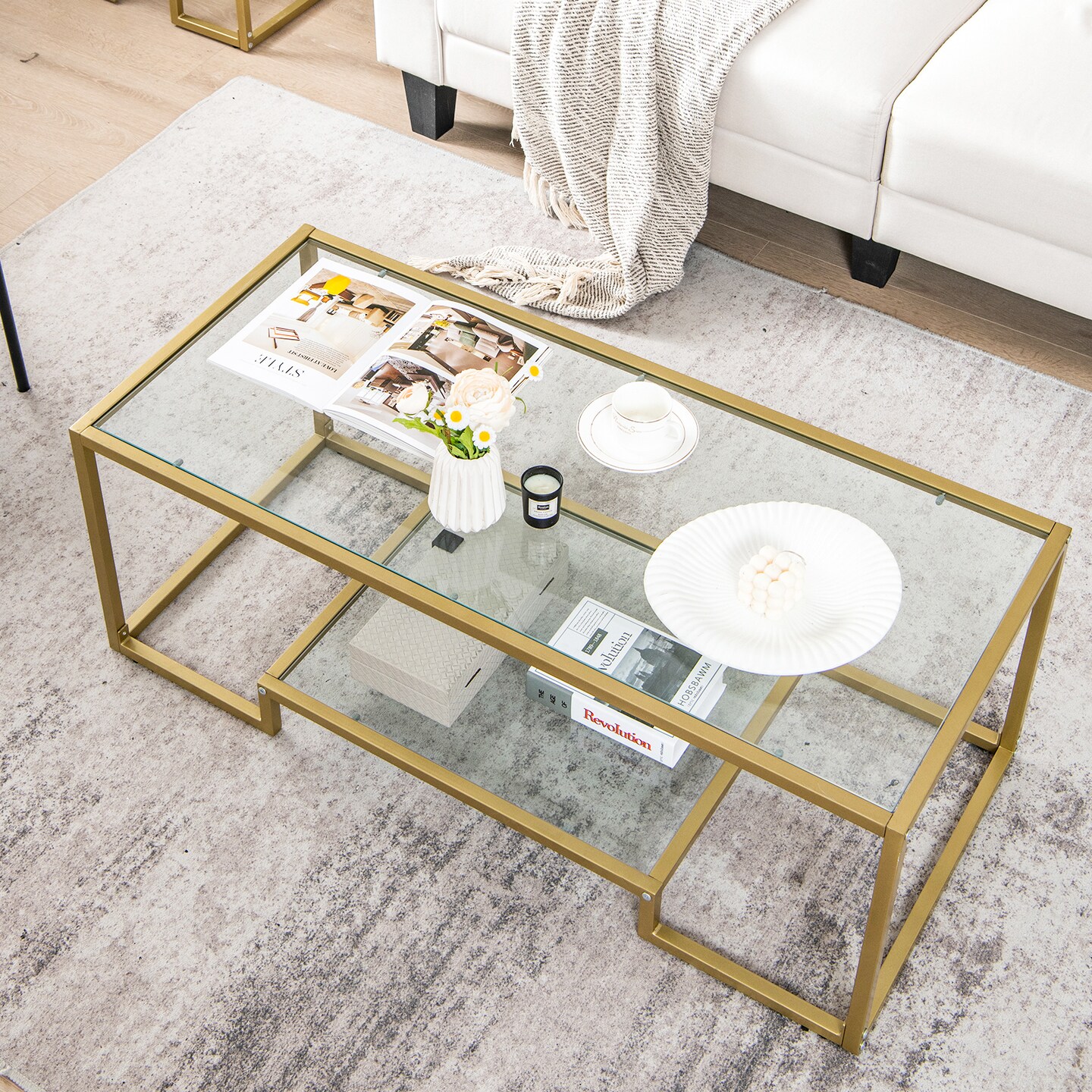2-Tier Rectangular Glass Coffee Table with Steel Frame