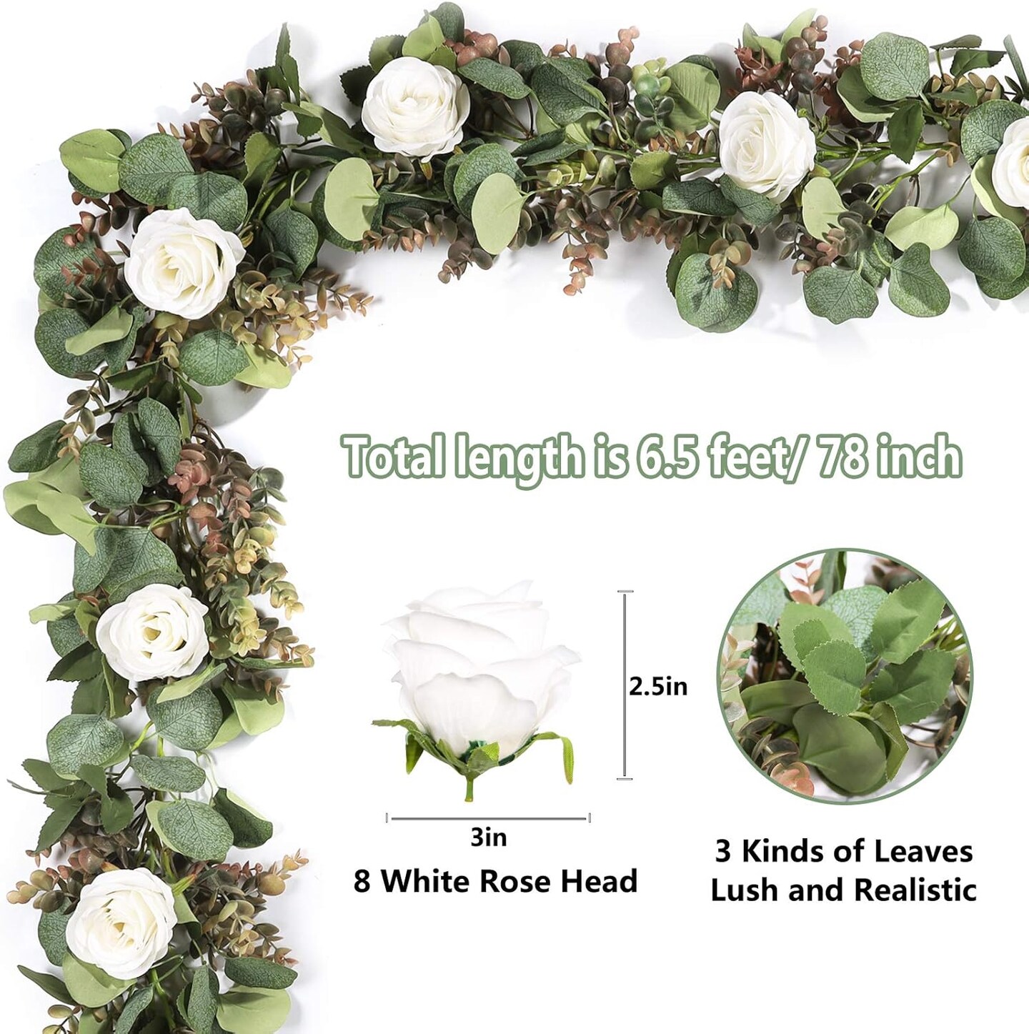 6.5Ft Artificial Eucalyptus Flower Garland with Fake Rose Flower Vine Seeded Eucalyptus Leaves Greenery Garland for Wedding Arch Table Runner Backdrop Party Centerpiece Room Decor (White/1)