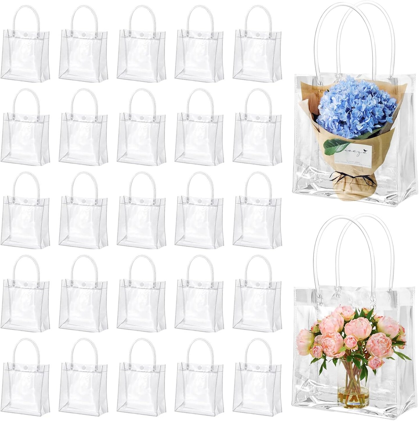 50 Pcs Clear Gift Bags with Handles - Transparent Reusable Tote Bags for Mother&#x27;s Day, Boutique, Wedding, Birthday, Baby Shower Party (5.1 x 5.9 x 2.7 Inch)