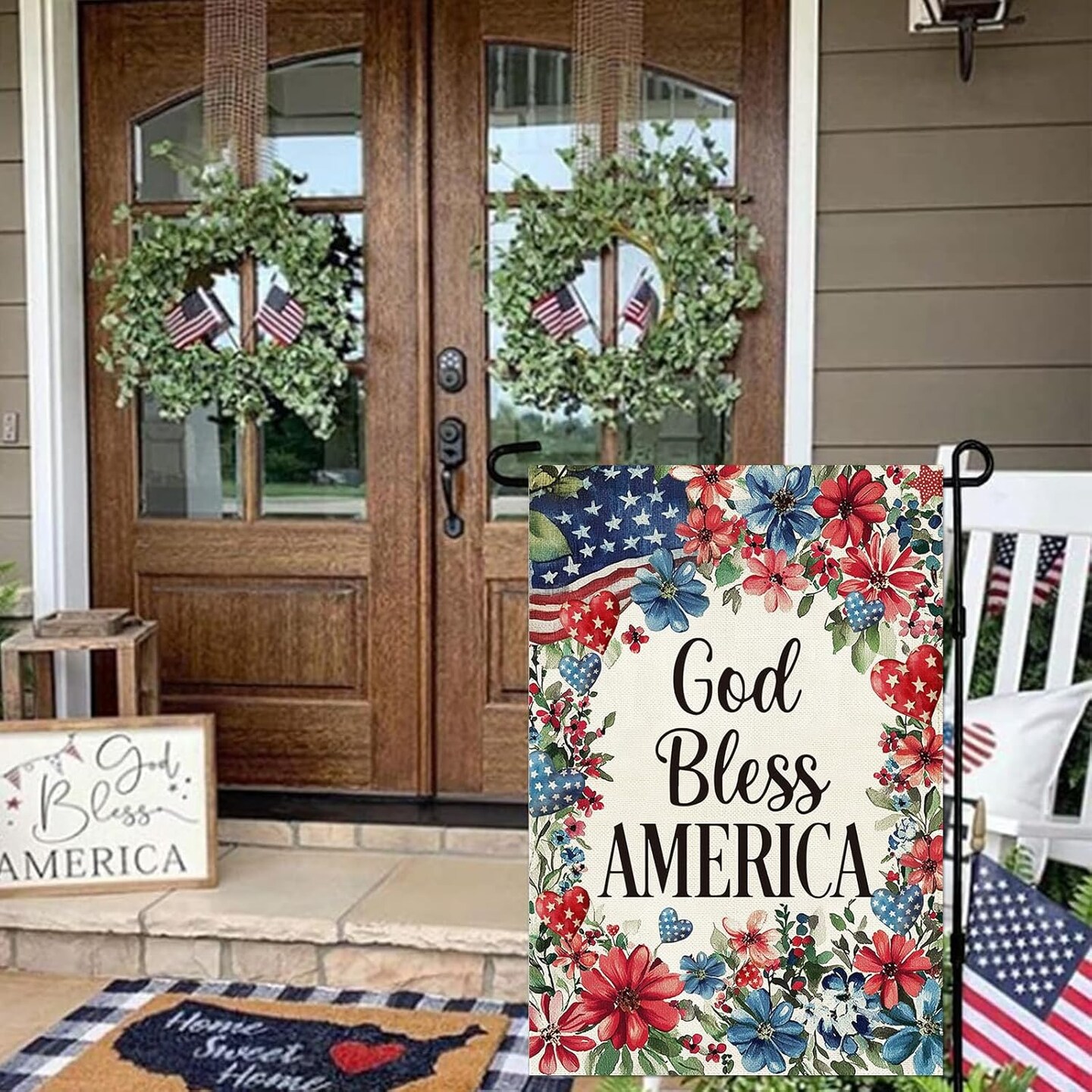 4th of July Patriotic Garden Flag 12.5 x 18 Inch Double Sided Burlap God Bless America Floral Memorial Day Small Yard Flag Summer Holiday Seasonal Farmhouse Outdoor Outside Decoration