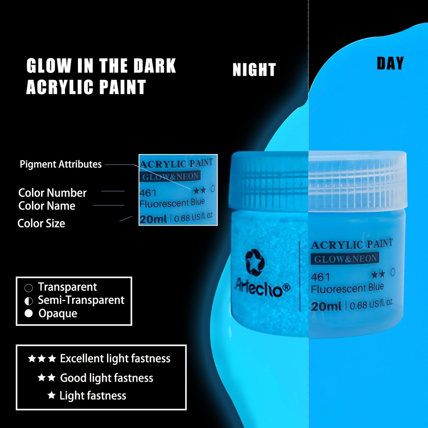 Glow in the Dark Paint 8 Colors, 20 ml / 0.7 oz Acrylic Paint for Decoration, Art Painting, Outdoor and Indoor Art Craft, Supplies for Canvas, Rock, Wood, Waterproof Rich Pigments