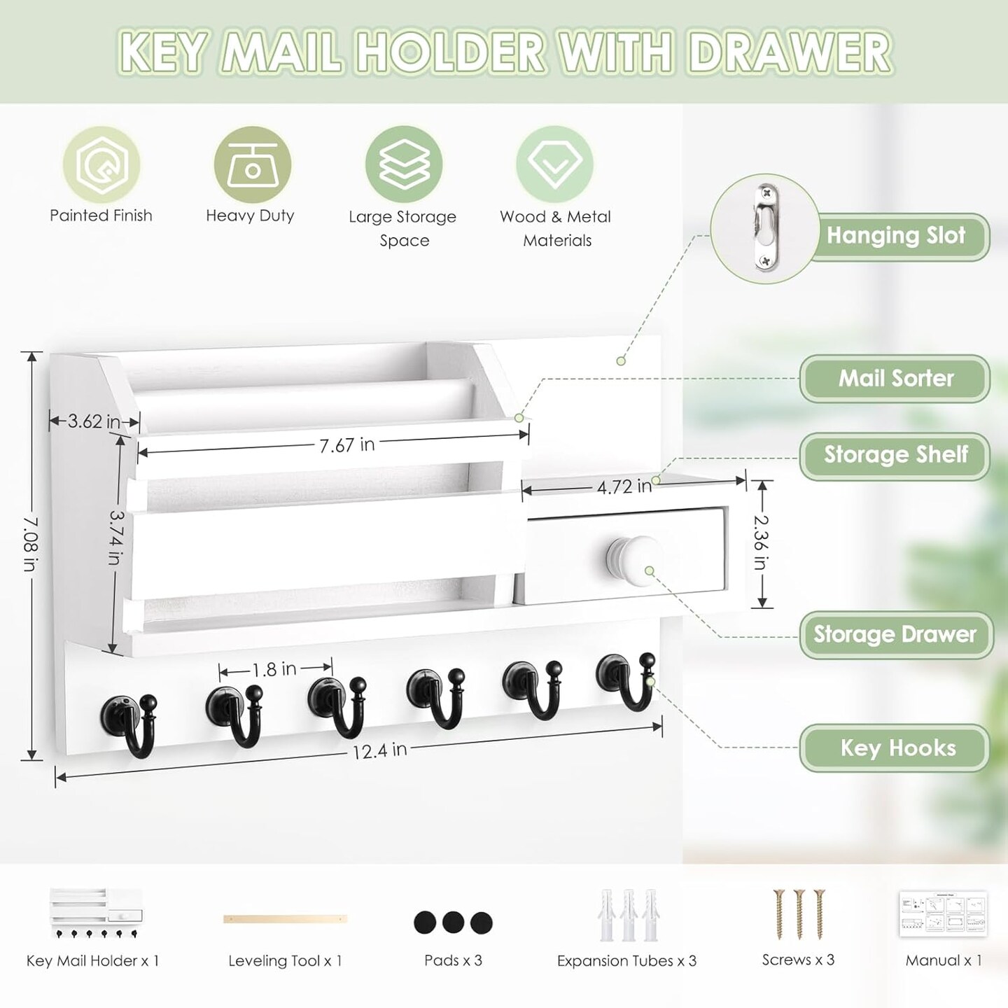 Key Holder Wall Mount, Wooden Mail and Key Organizer with Drawer and Shelf, 2 Slots, 6 Hooks, White