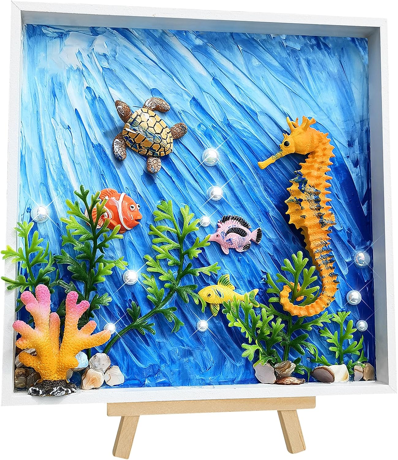 DIY Ocean Painting Kit, DIY Mosaic Arts and Craft Kits with Sea Animal Plant Accessories, Handmade Sticker Painting Kit for Kids Christmas Room Decor, Blue &#x26; White