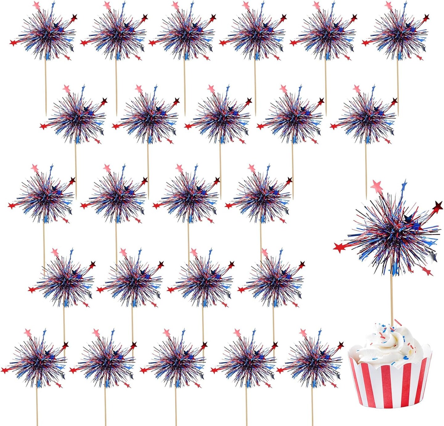 24Pcs American Patriotic Cupcake Toppers, 4th of July Foil Firework Cupcake Toppers Tinsel Drink Cake Decoration Picks Independence Day Decorations Supplies Favor
