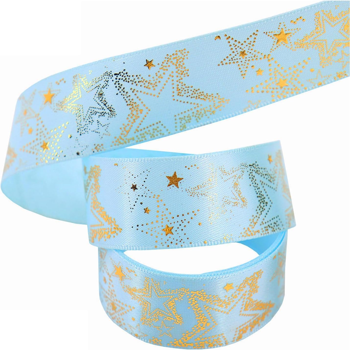 Light Blue Satin Ribbon with Gold Star -7/8 Blue Satin Ribbon (22mm 10 Yards for Gift Wrapping