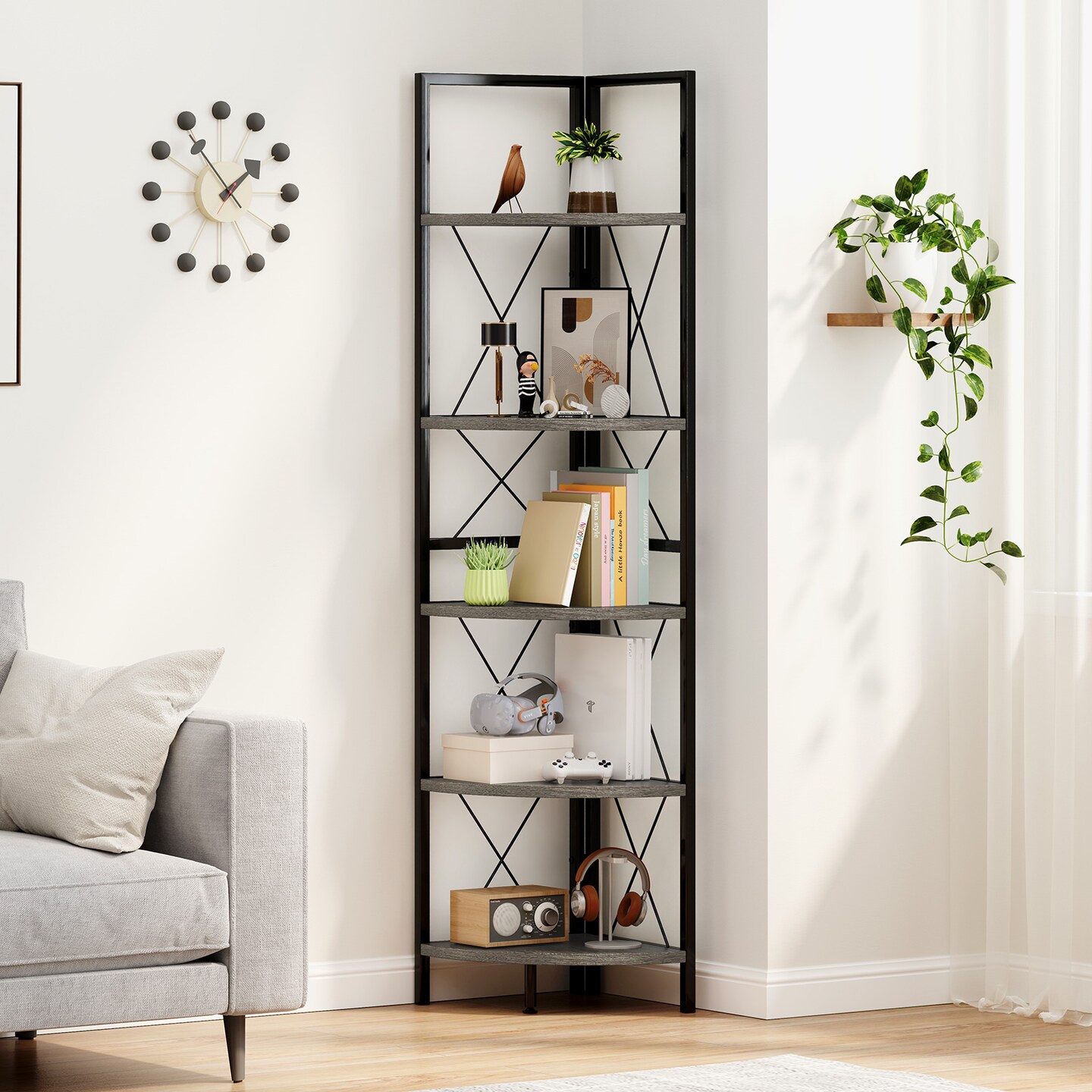 Oak-Black Multi-Purpose 5-Tier Corner Shelf with Metal Frame 63" Tall Space-Saving Bookshelf for Home