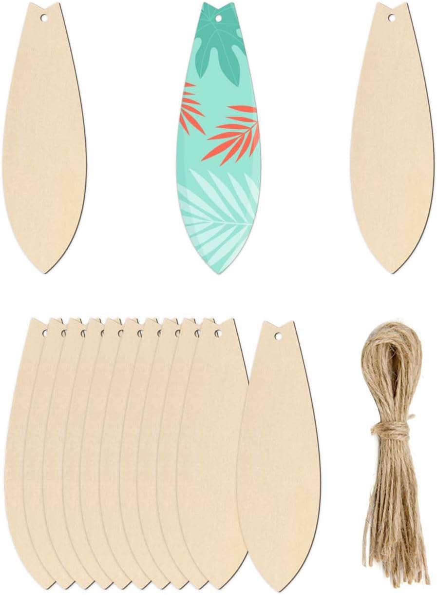 20pcs Surfboard Shape Unfinished Wood Cutouts DIY Crafts Blank Surf Board Wooden Ornaments for Summer Beach Hawaii Luau Party Decoration