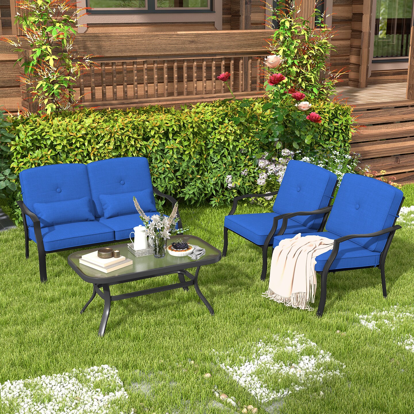 4-Piece Outdoor Patio Metal Furniture Set Loveseat Single Chair & Tempered Glass Coffee Table with Cushions