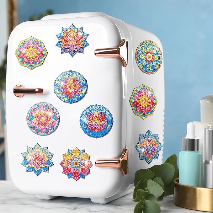 12 Pcs Refrigerator Diamond Painting Magnets Easy Diamond Art Painting Magnetic Stickers Kits Fridge Magnets for Adults DIY Home Decors(Lotus Mandala)