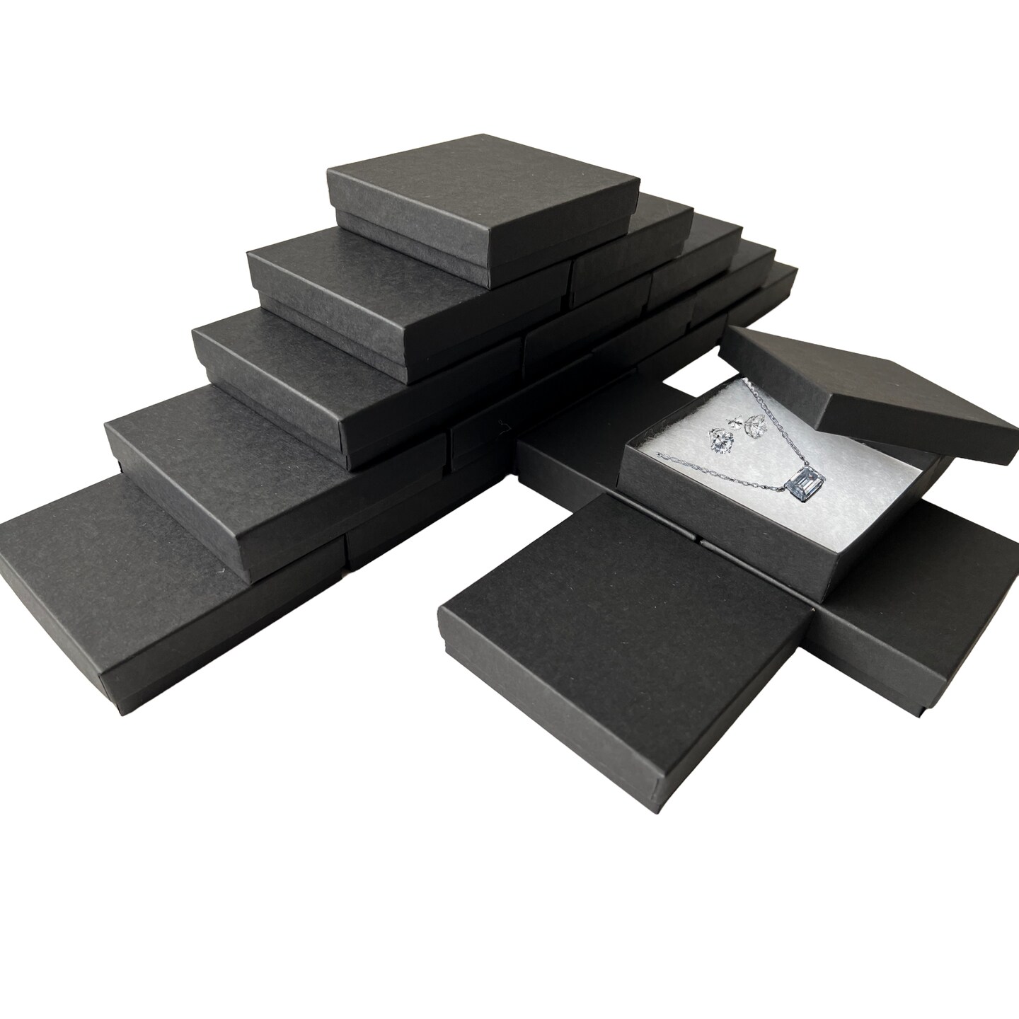 MADE IN USA - 20 Boxes - Matte Black Jewelry Boxes with Cotton Filling - 3.5"x3.5"x7/8"