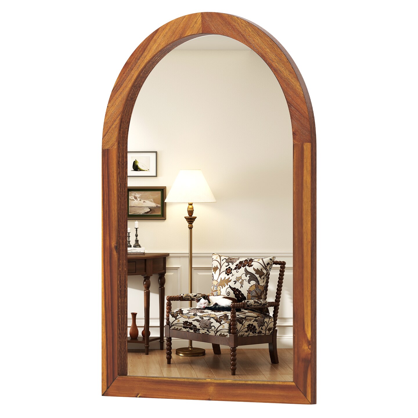 24&#x22;x35&#x22; Arched Brown Wood Wall Mirror with Shatterproof Glass for Bedroom Entryway or Bathroom
