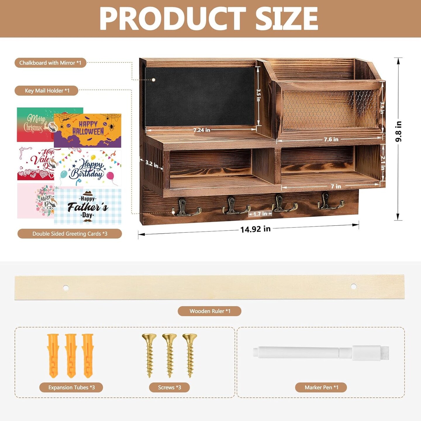 Key Holder Wall Mount, Wooden Mail and Key Organizer with Chalkboard and Mirror, 3 Greeting Cards, 8 Hooks, Brown, Type 1