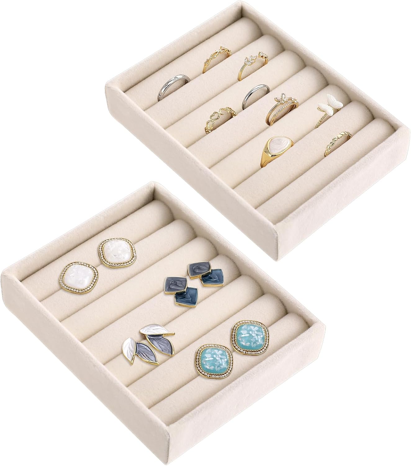 2 Pcs Velvet Ring Holder Display Tray, Small Jewelry Organizer Inserts for Rings & Earrings, Stackable Drawer Storage Trays for Home or Store Display – Beige