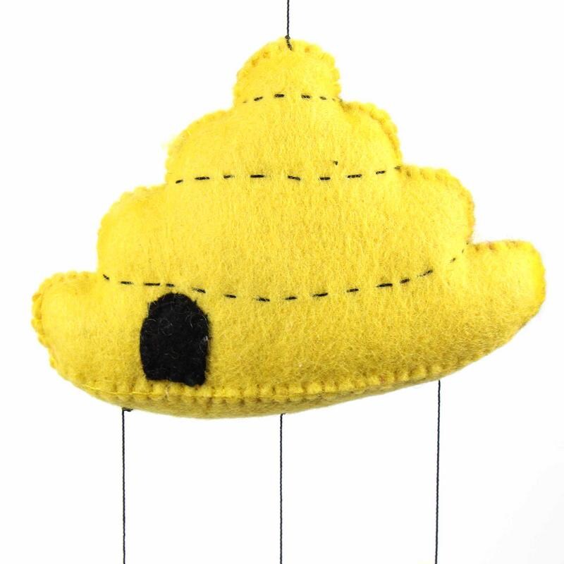 Handmade Yellow Felt Beehive Mobile with Bees Hanging Decoration Approx 24 Inches for Nursery