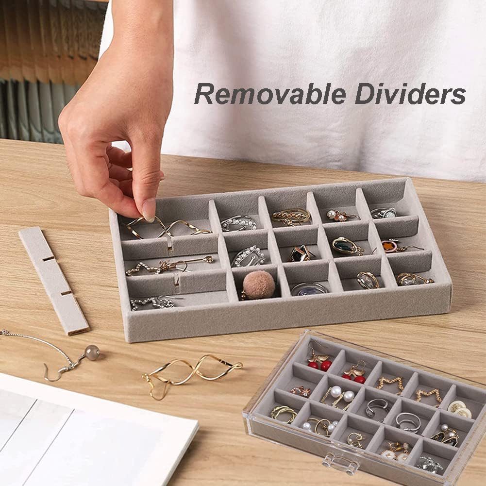 Earring Organizer Box Acrylic Jewelry Organizer with 3 Drawers 54 Adjustable Grids Clear Stackable Earring Holder Velvet Trays Ring Display Case for Women Girls (Gray)