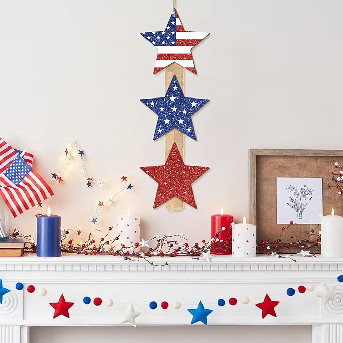 4th of July Stars Door Sign Decorations, Patriotic Star Glitter Wooden Signs Red White Blue Independence Day Wreath with Burlap, Memorial Day Door Hanger for Porch Wall Home Decor 3 Plaques