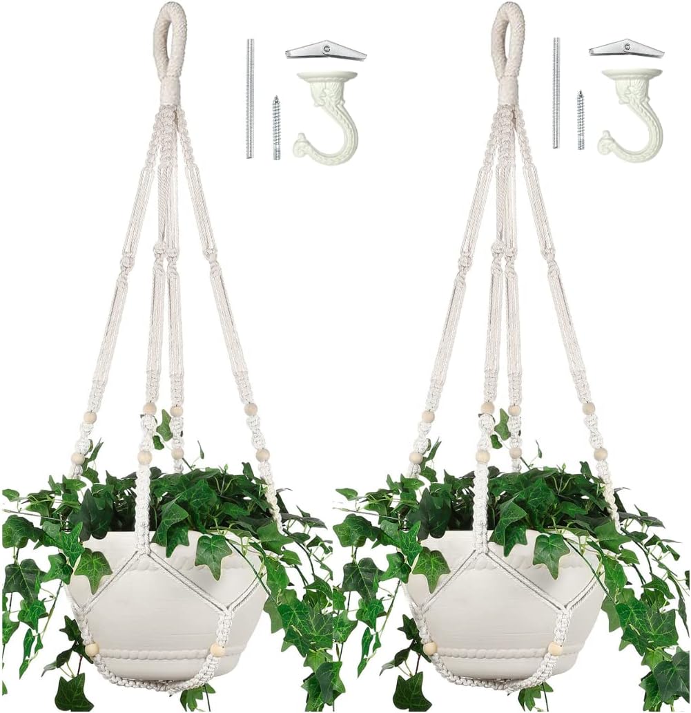2 Pack 43 Inches Macrame Planter Hanger Large for 12 inch Pot + Swag Hook (Ivory)