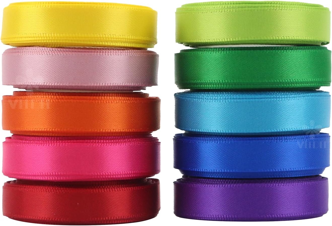 Rainbow Ribbon Solid Color Assortment 10 Colors Double Face Satin Ribbon for Gift Wrapping Happy Birthday Party Decorations, 3/8&#x22; X 5 Yard Each Total 50 Yds Per Package