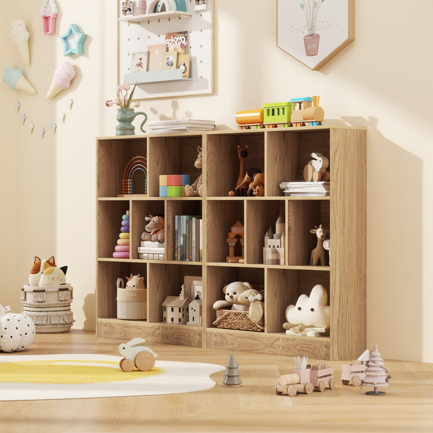 Natural Wooden Toy Storage Organizer with Open 7 Cubes Shelves for Kids Room Playroom or Daycare Use