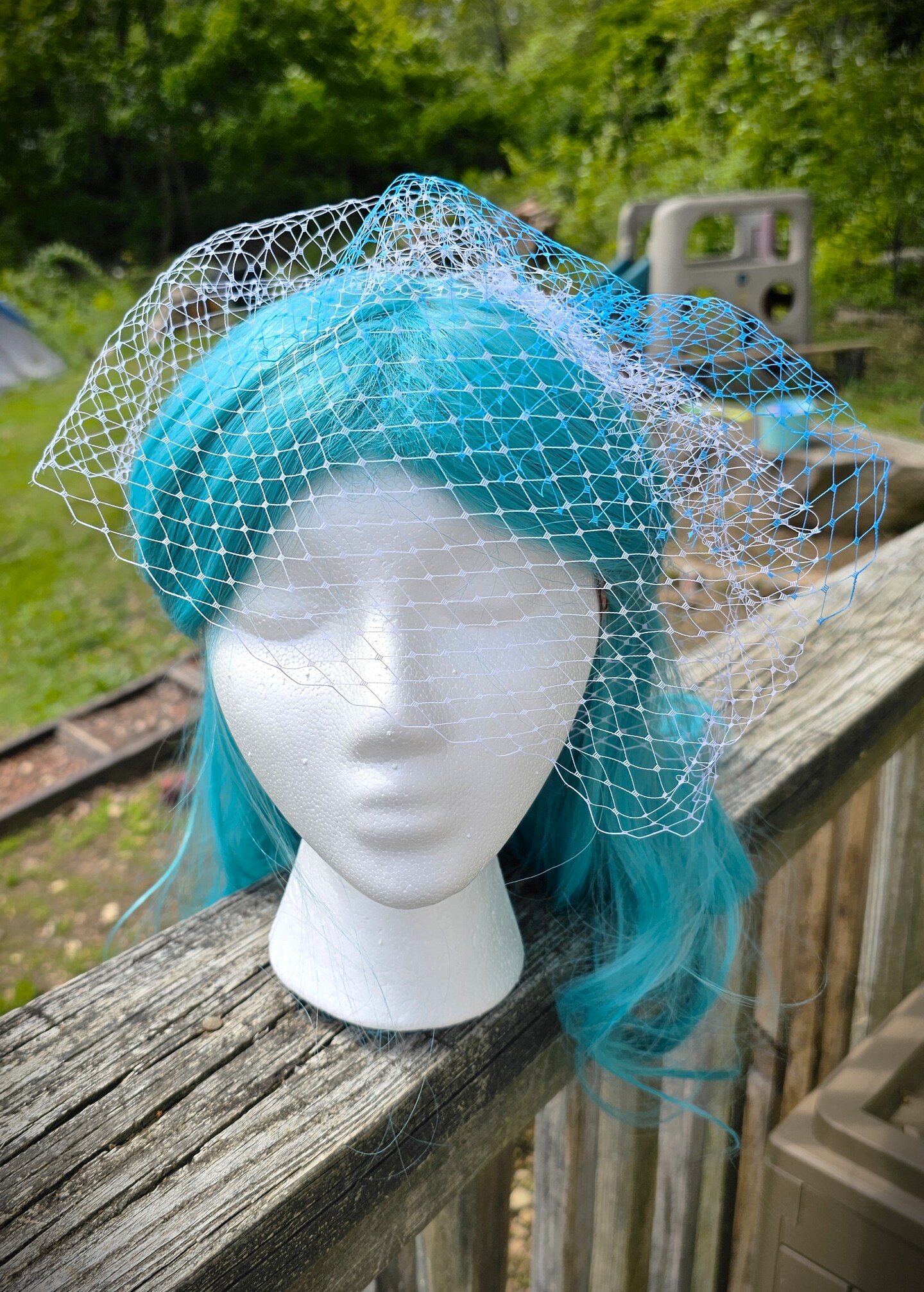Icy Blue and White Birdcage Veil with Beaded Comb Accent