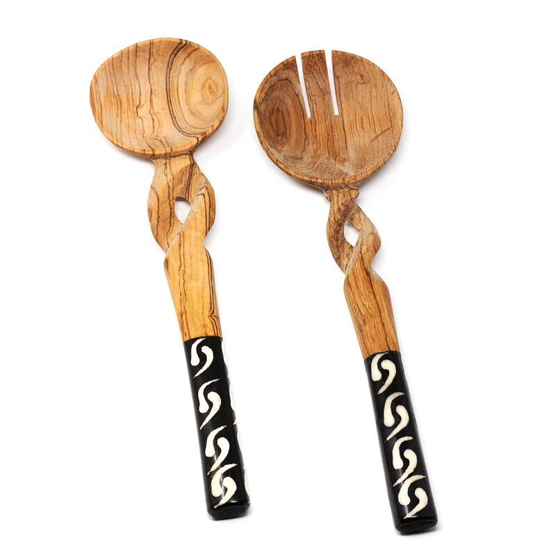 11-Inch Wooden Salad Serving Set of 2 Twisted Olive Wood Spoons with Smooth Bone Handle Accents
