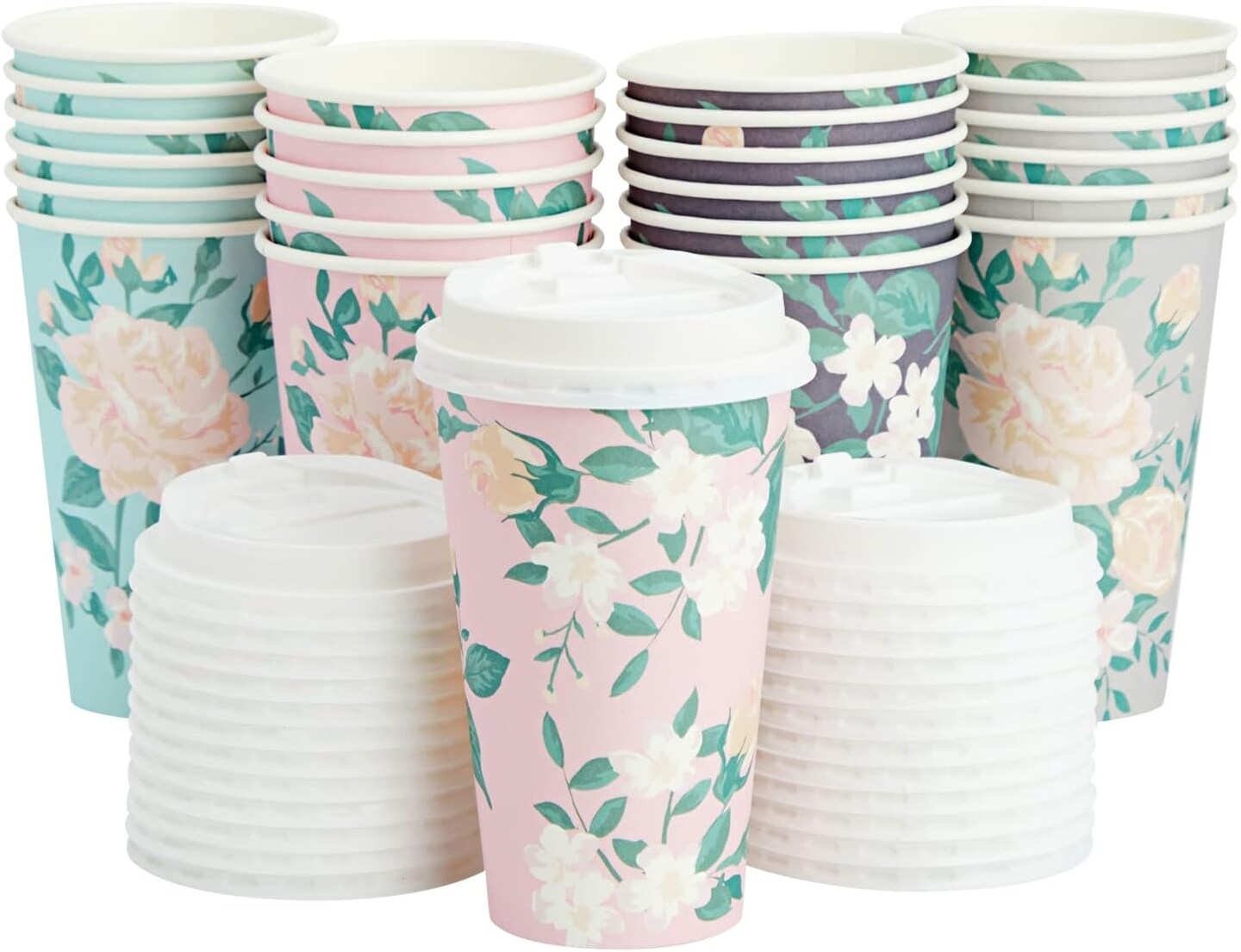 4 Pastel Designs 24 Pack Floral Paper Coffee Cups with Lids - Disposable To-Go Drinkware for Birthday Parties, Wedding Receptions, and Baby Showers - Coffee Cup 16 Oz