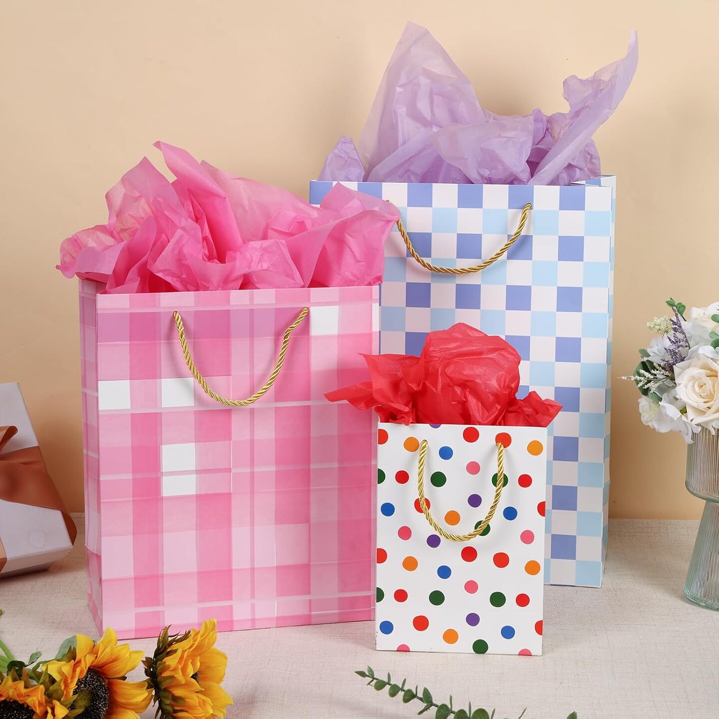 12pcs Paper Gift Bags Assorted Sizes with Tissue, Birthday Gift Bags 3 Sizes (4 Medium/4 Large/4 Extra Large) - For Birthday, Baby Showers, Party & Wedding