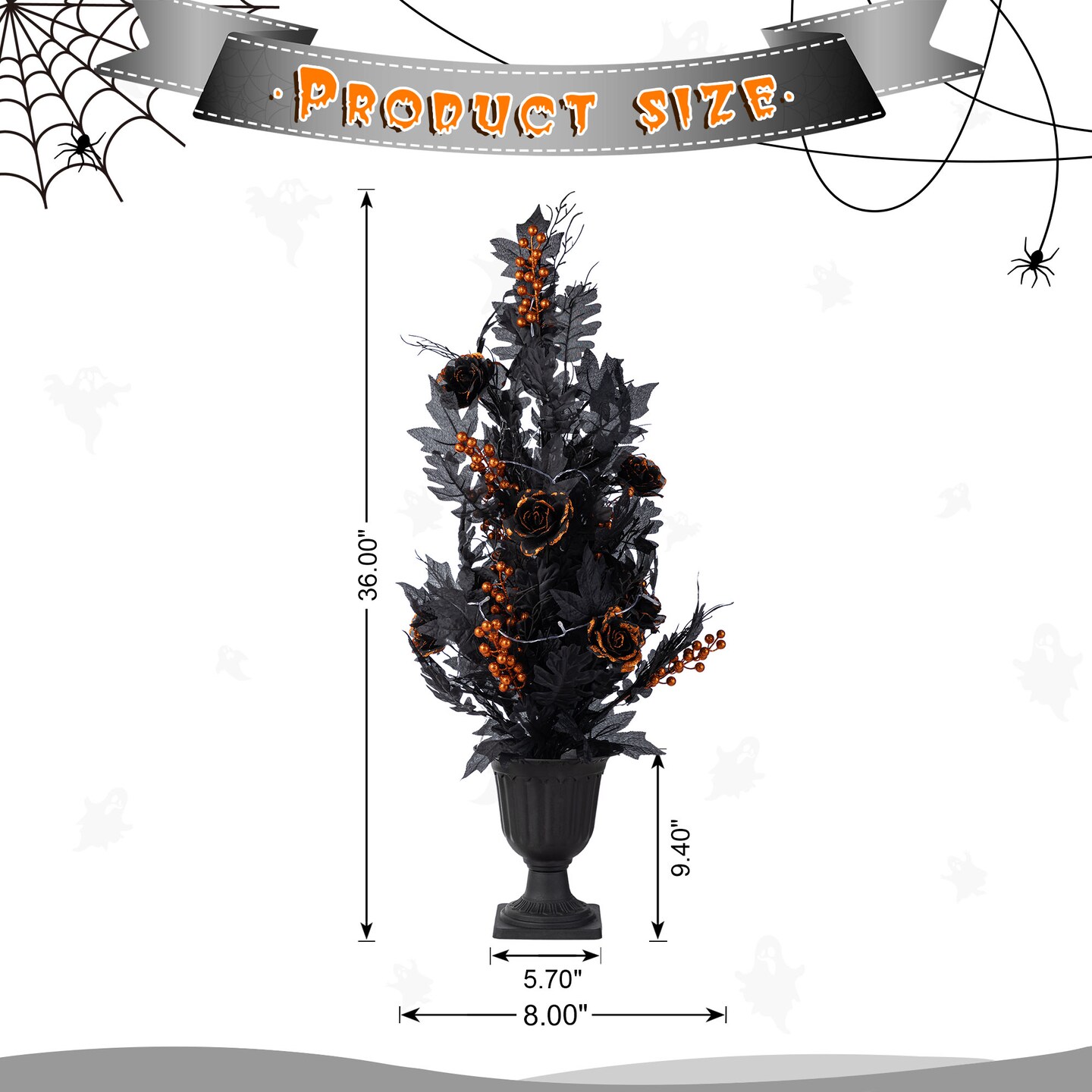 Halloween Lighted Black Rose with Orange Glitter Urn Porch Trees and Wreath/Teardrop Set
