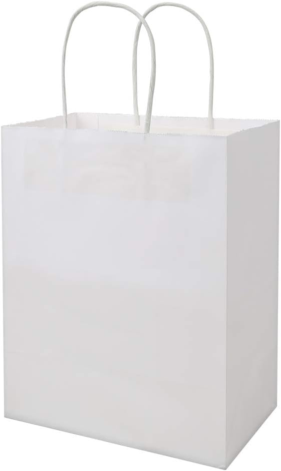 100 Pack Sturdy Medium White Kraft Paper Bags with Handles Bulk, Thicken Gift Bags 8x4.75x10 Inch, Craft Grocery Shopping Retail Party Favors Wedding Business Sacks (White, 100pcs)