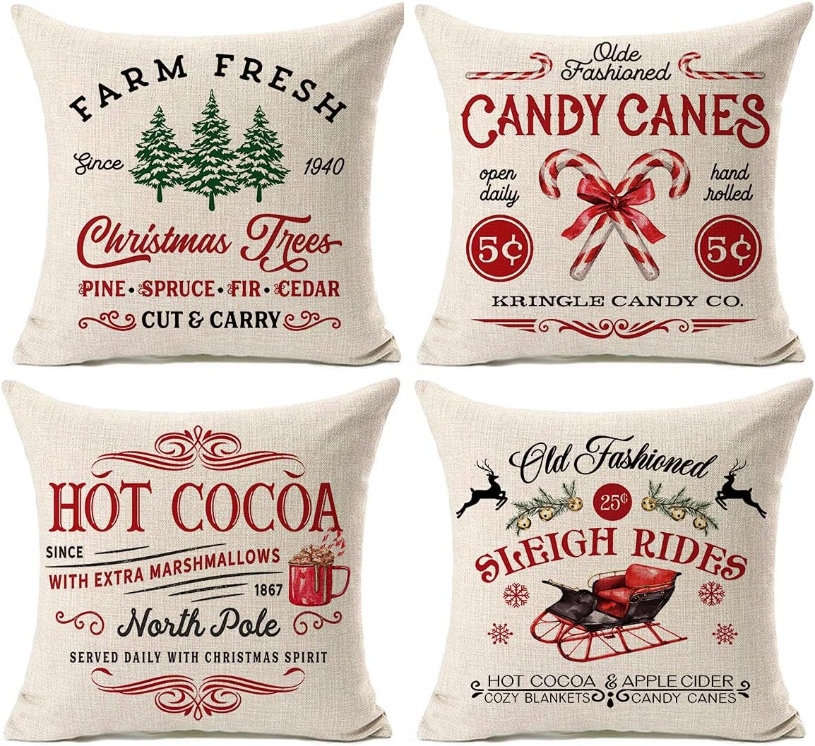 Farmhouse Christmas Pillow Covers 18x18 Set of 4 Rustic Winter Holiday Xmas Decor Christmas Decorations Cushion Cases for Couch Tree Candy Canes Cocoa Sleigh Rides (18&#x22;x18&#x22;)