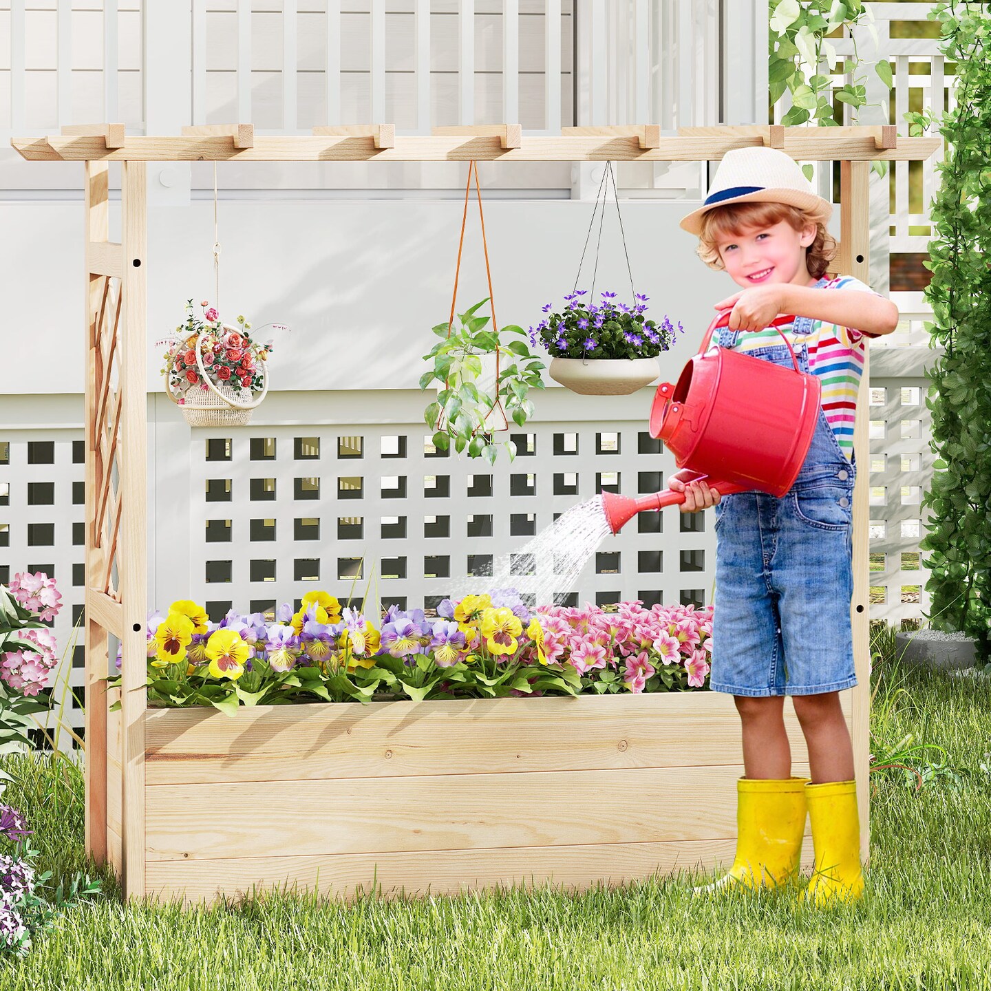 Natural Pine Wood Raised Garden Bed Planter Box with Roof for Climbing Plants for Outdoor Use