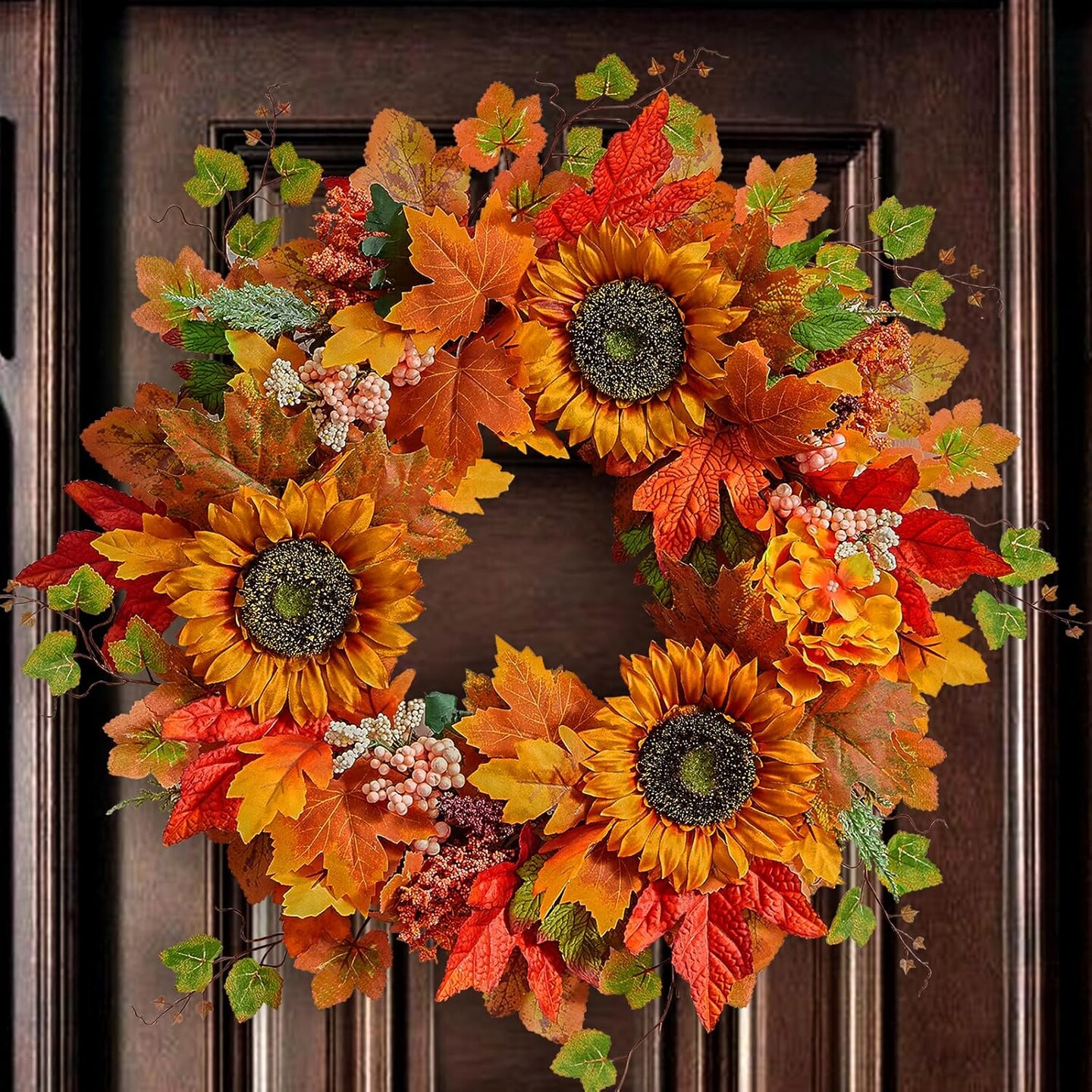 Fall Wreaths for Front Door, Autumn Sunflower Wreath with Maple  display picture 1