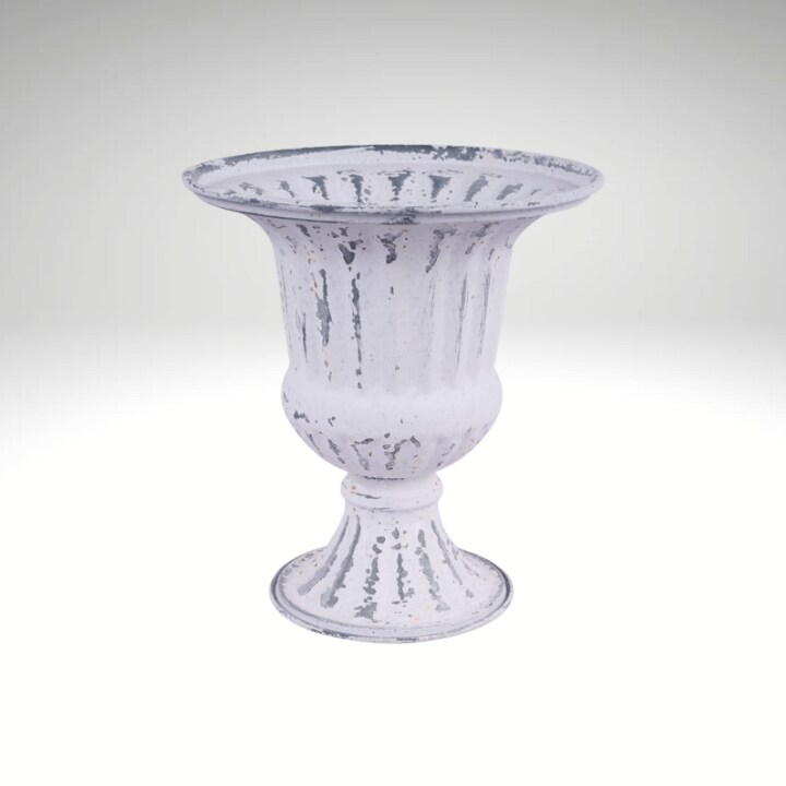 Antique White Tin Compote Vase | 9" Distressed Pedestal Bowl for Floral Decor